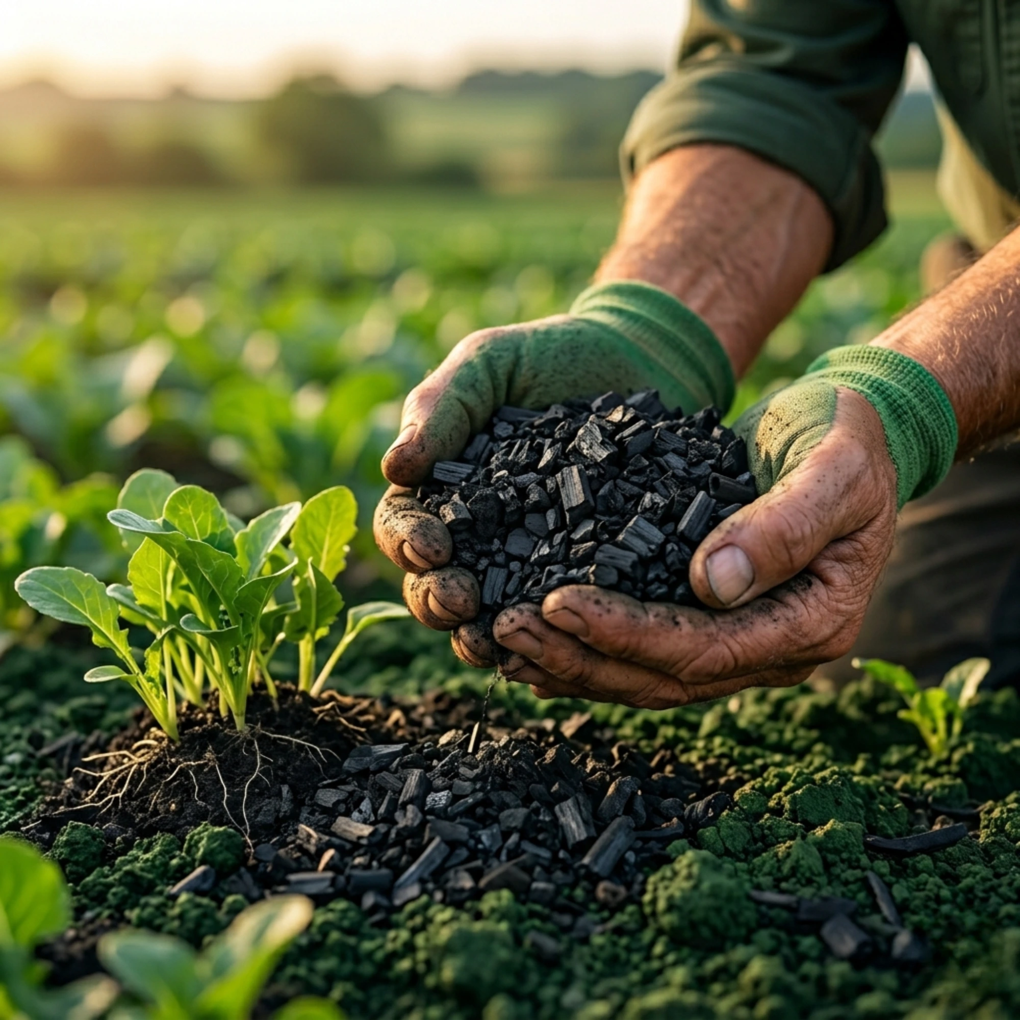 High-fixed carbon biochar applied to agricultural soil by a biochar supplier in India to improve soil health and crop yield
