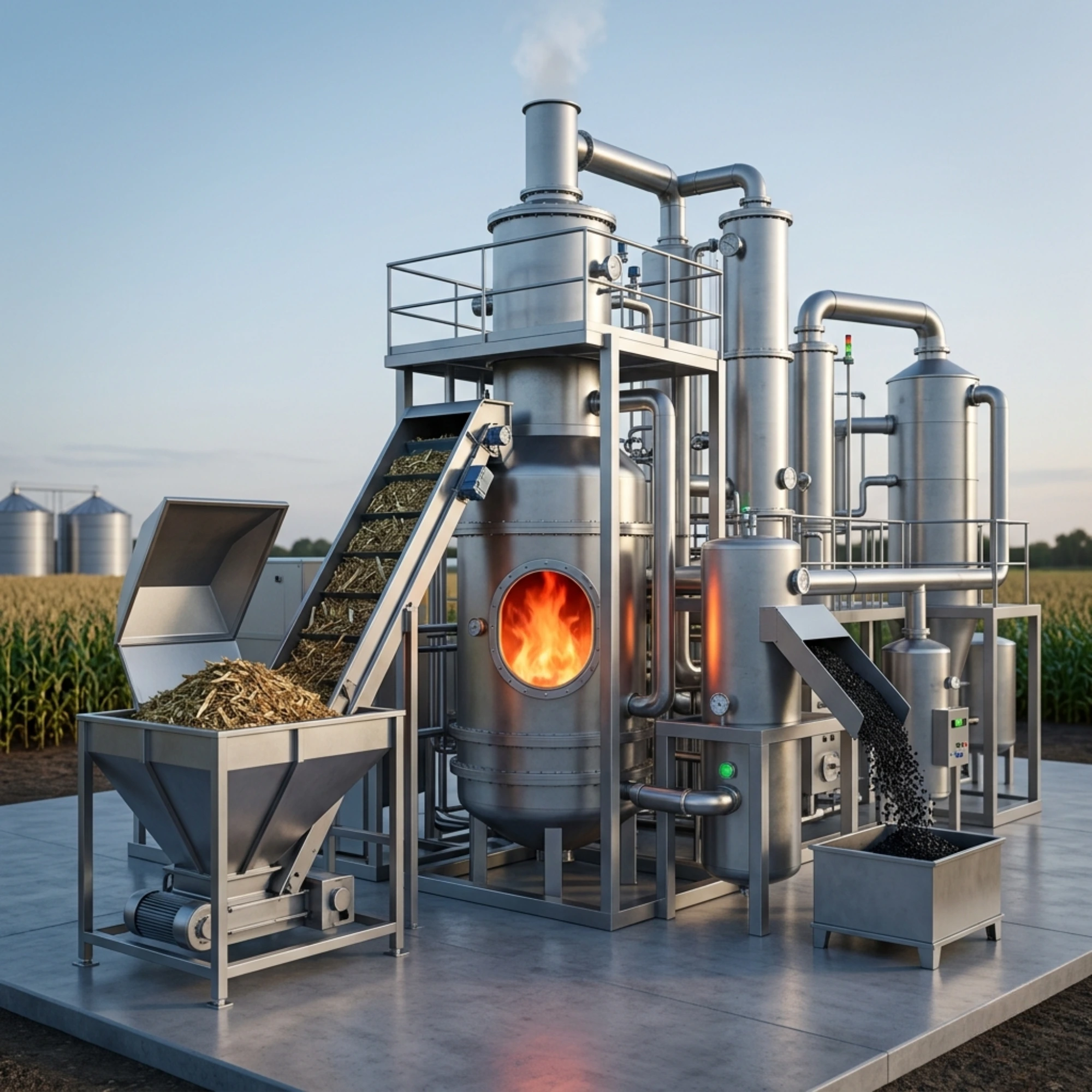 Industrial pyrolysis plant converting biomass into biochar using advanced biochar production equipment and biomass to energy machinery