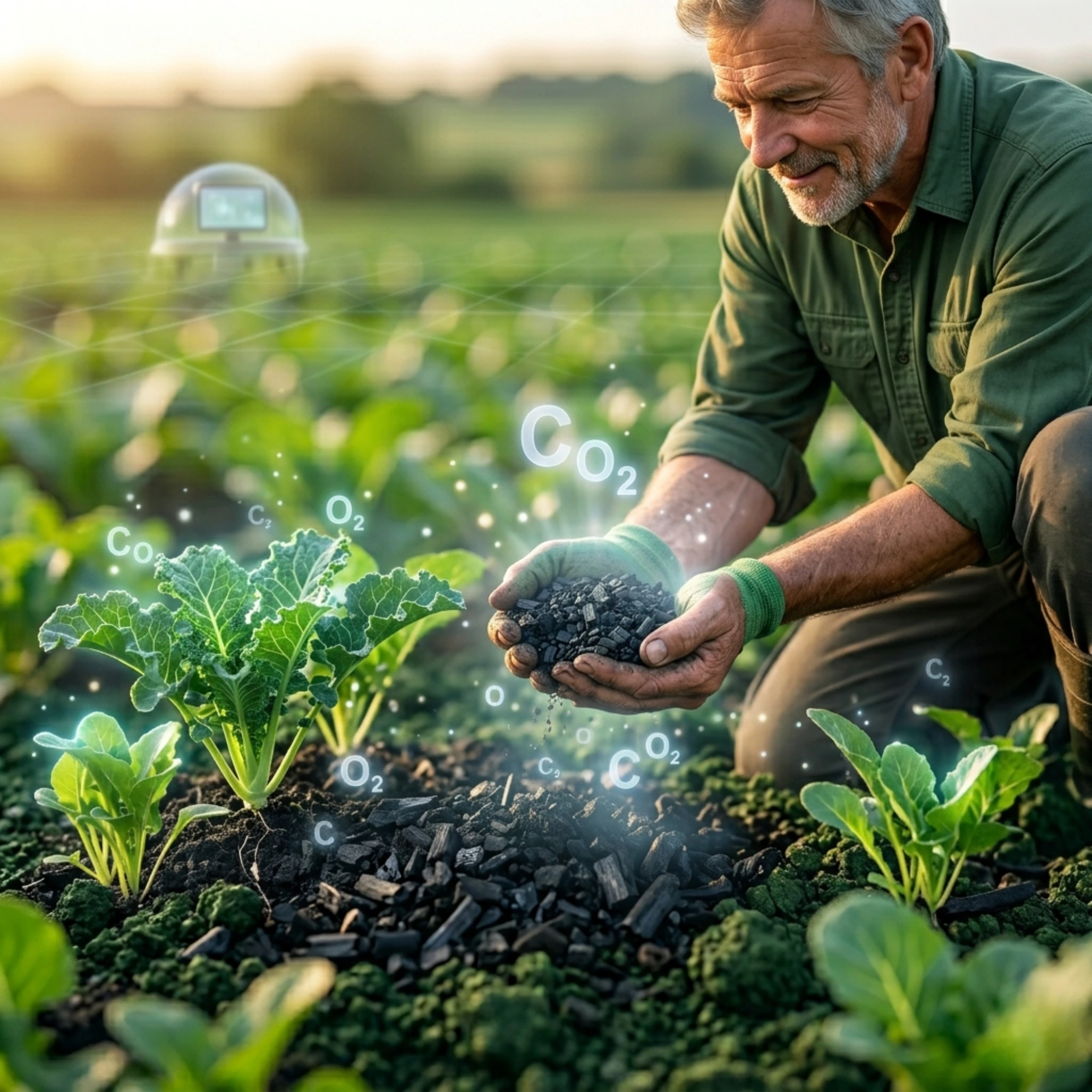 Biochar carbon sequestration process capturing CO2 in soil for generating carbon removal credits and climate positive impact