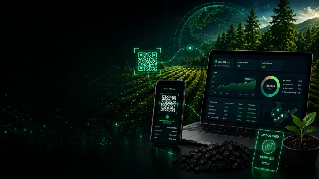 AI-powered digital MRV platform visual showing carbon credit tracking, QR traceability, and sustainability monitoring