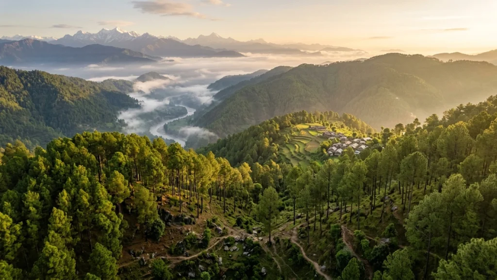 Aerial view of pine forest in Tehri Garhwal Uttarakhand where Fusionpact Sustainable Solutions collects pine needles for the Bharat Biochar Initiative