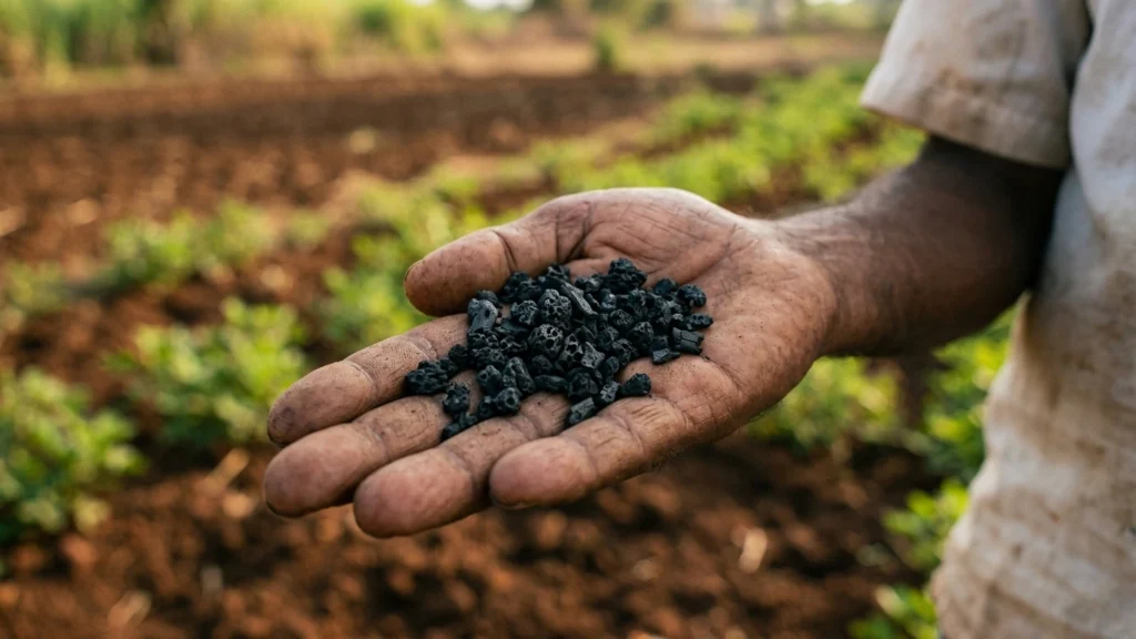 Dark biochar granules produced by Fusionpact Sustainable Solutions ForestTwin project showing high carbon content for long term soil enrichment and carbon sequestration in Uttarakhand