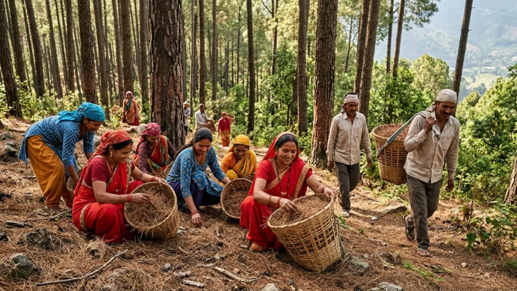 Rural villagers collecting fallen pine needles called pirul from Himalayan forest floor in Uttarakhand for Fusionpact Sustainable Solutions ForestTwin Bharat Biochar Initiative wildfire prevention program